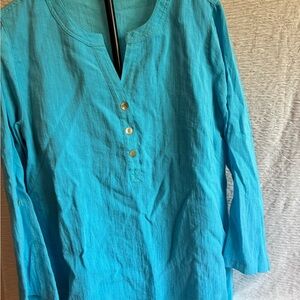 John Mark Turquoise Button-Up Tunic w/ Roll-Tab 3/4 Sleeves – Sz L
